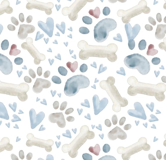 Watercolor Dog Paw Prints and Bones Pure Cotton Fabric - Soft Children's Fabric - Handmade DIY Fabric - Suitable for Sewing