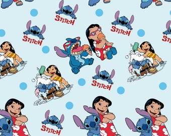 Tessuto di cotone con motivo a cartoni animati in stile Lilo & Stitch, venduto a mezzo metro