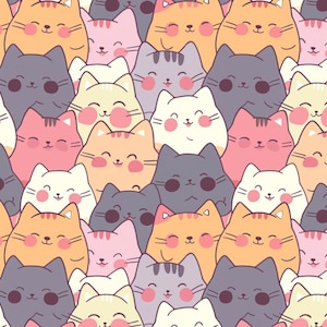 Könnte beinhalten: Ein sich wiederholendes Muster von Cartoon-Katzen in verschiedenen Farben, darunter Orange, Rosa, Grau und Weiß. Jede Katze hat ein lächelndes Gesicht und rosige Wangen. Die Katzen sind dicht gepackt, was ein verspieltes und fröhliches Design ergibt.