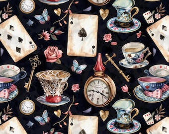 Alice In Wonderland Poker Pattern Cotton Fabric-Tea Cup With Clock Pattern Fabric Cotton Fabric Sold By Half Yard