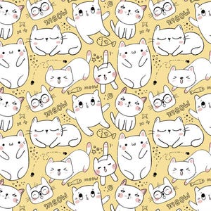 Peut inclure: Un motif sans couture représentant de jolis chats de dessin animé dans différentes poses sur un fond jaune. Les chats sont blancs avec des contours noirs et ont des expressions différentes, notamment sourire, clin d'œil et dormir. Le motif comprend le mot "miaou" répété tout au long.