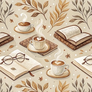 Puede incluir: Una ilustración de acuarela de una acogedora escena de otoño con tazas de café, libros y hojas. La ilustración presenta una paleta de colores cálidos de marrones, amarillos y naranjas.