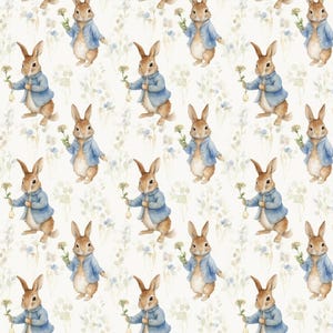 May include: A repeating pattern featuring watercolour illustrations of a brown rabbit wearing a blue jacket and holding a flower. The background is a soft, off-white colour with subtle floral accents, creating a whimsical and charming design.