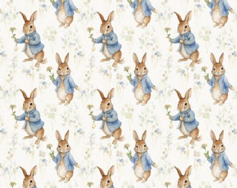 Watercolor Peter Rabbit Pattern Cartoon Cotton Fabric Sold By Half Yard