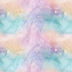 May include: Abstract background with a swirling pattern of pastel pink, blue, and purple colours. The background is covered in a fine layer of gold glitter.