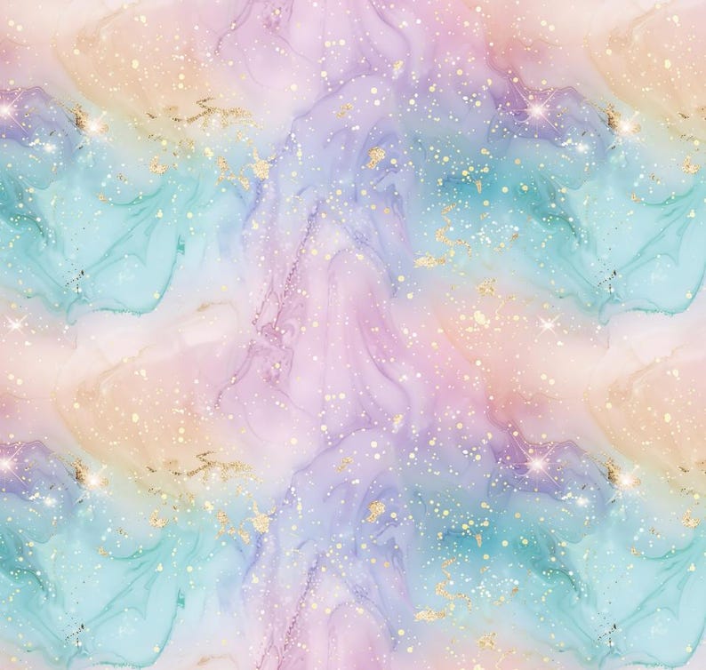 May include: Abstract background with a swirling pattern of pastel pink, blue, and purple colours. The background is covered in a fine layer of gold glitter.