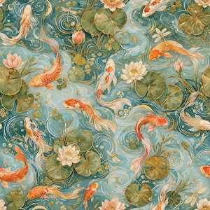 Op de afbeelding: Een herhalend patroon met oranje en witte koikarpers die in blauwgroen water zwemmen tussen groene waterleliebladeren, bloeiende lotusbloemen en libellen. Het ontwerp bevat wervelende waterstromen en subtiele gouden lijndetails door het geheel.