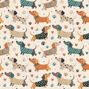 Könnte beinhalten: Ein sich wiederholendes Muster von Cartoon-Dackel-Hunden, die Pullover tragen. Die Hunde sind in verschiedenen Farben, darunter Orange, Braun und Grau, mit unterschiedlichen Pulloverdesigns. Herzen, Pfotenabdrücke und Blätter füllen den Hintergrund.