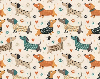 Cartoon Dachshund  Kawaii Dogs Pattern Cotton Fabric Sold By Half Yard