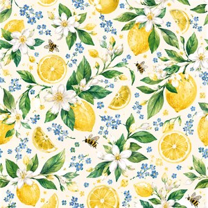 May include: A repeating pattern featuring bright yellow lemons, sliced lemon segments, white citrus blossoms, and small blue flowers on a cream background. Several honeybees are interspersed throughout the botanical illustration.