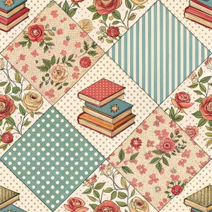 May include: A repeating pattern featuring diamond-shaped sections filled with floral prints, blue and white stripes, and white polka dots on a cream background. A stack of three books with red, blue, and orange covers sits in the center.