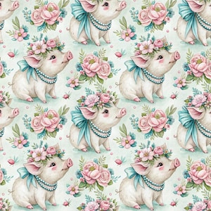 May include: A seamless pattern featuring watercolor illustrations of piglets wearing floral crowns and blue ribbons. The piglets are surrounded by pink and white flowers on a light green background.