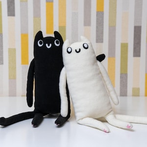 Black And White Cat Plushies With Pink Paw - Handmade Soft Toy, Black Cat Stuffed Animal, Black Cat Plush, Cute Cat Plush