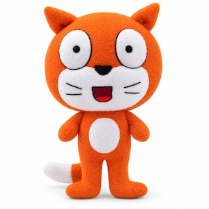 May include: A plush toy shaped like an orange cat with a large round head, pointed ears, and a white face patch. It features two large white eyes with black pupils, a small black nose, a wide open mouth, black whiskers, and a white belly patch.