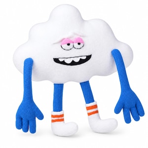 May include: A white plush cloud character with a smiling face, pink eyelids, and black embroidered eyes and mouth. It features two long blue arms with four-fingered hands, and two blue legs wearing white socks with two orange stripes.