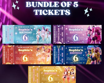 Kpop Demon Hunter Bundle of 5 Tickets Canva Birthday Ticket Invitation Digital Download Printable ticket-style invite for KPOP fans party