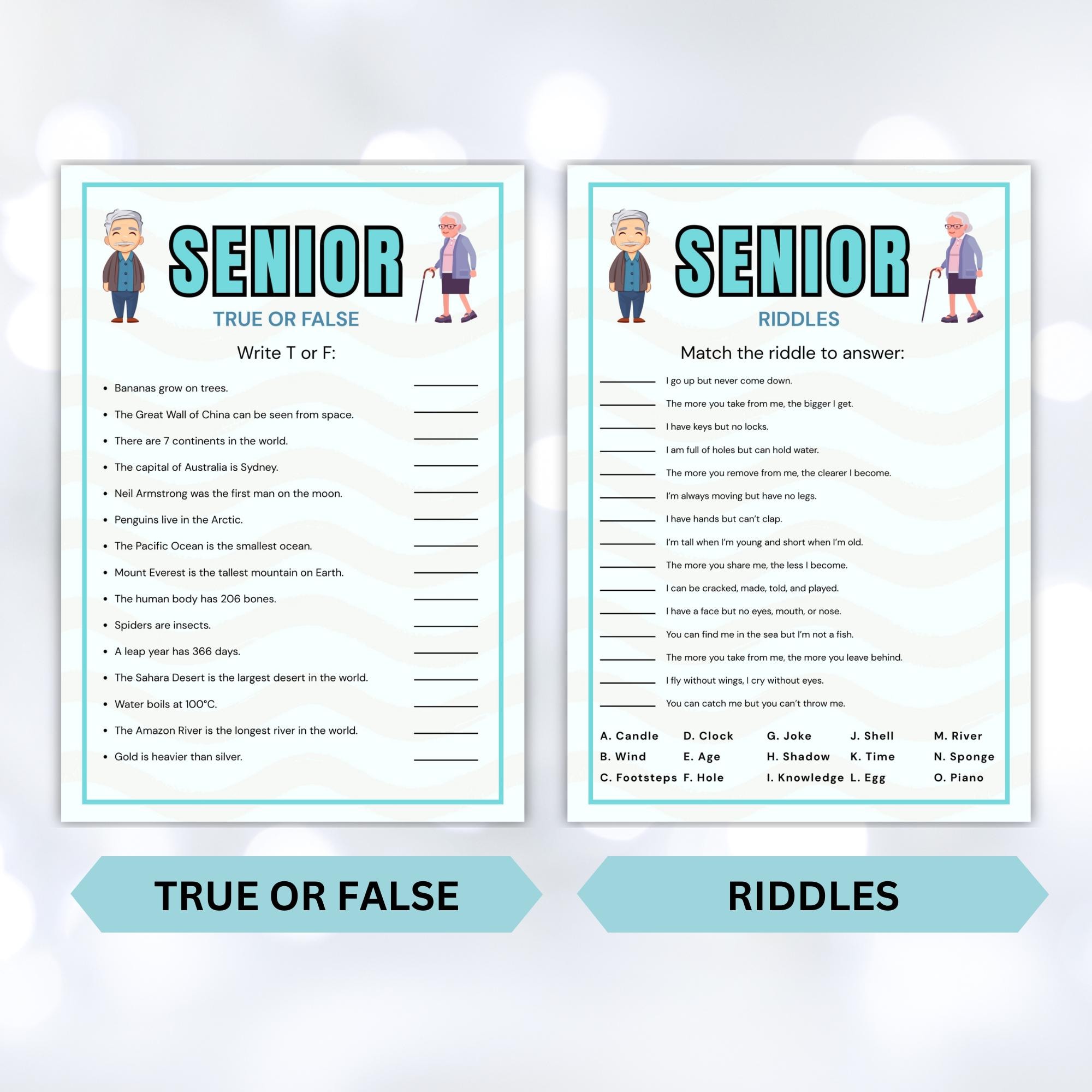Senior Riddle Printabl Senior Games Bundle Printable, Fun Brain Games for Seniors, Memory Dice ...