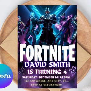 Convite de aniversário do jogo Fort Editável Convite de aniversário para download CANVA Modelo de festa de aniversário Cartão de aniversário de videogame Gamer Festa de jogador