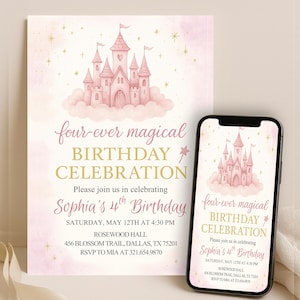 Four-Ever Magical 4th Birthday Invitation, Editable Princess Castle Party Invite, Pink Girl Birthday, Royal Princess Magical Castle Birthday