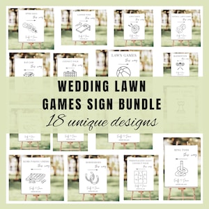 Puede incluir: Un conjunto de 18 letreros únicos para juegos de jardín de bodas. Cada letrero presenta una ilustración en blanco y negro de un juego, como Spike Ball o Bádminton, con el texto "this way". Los letreros se muestran en pequeños caballetes de madera.