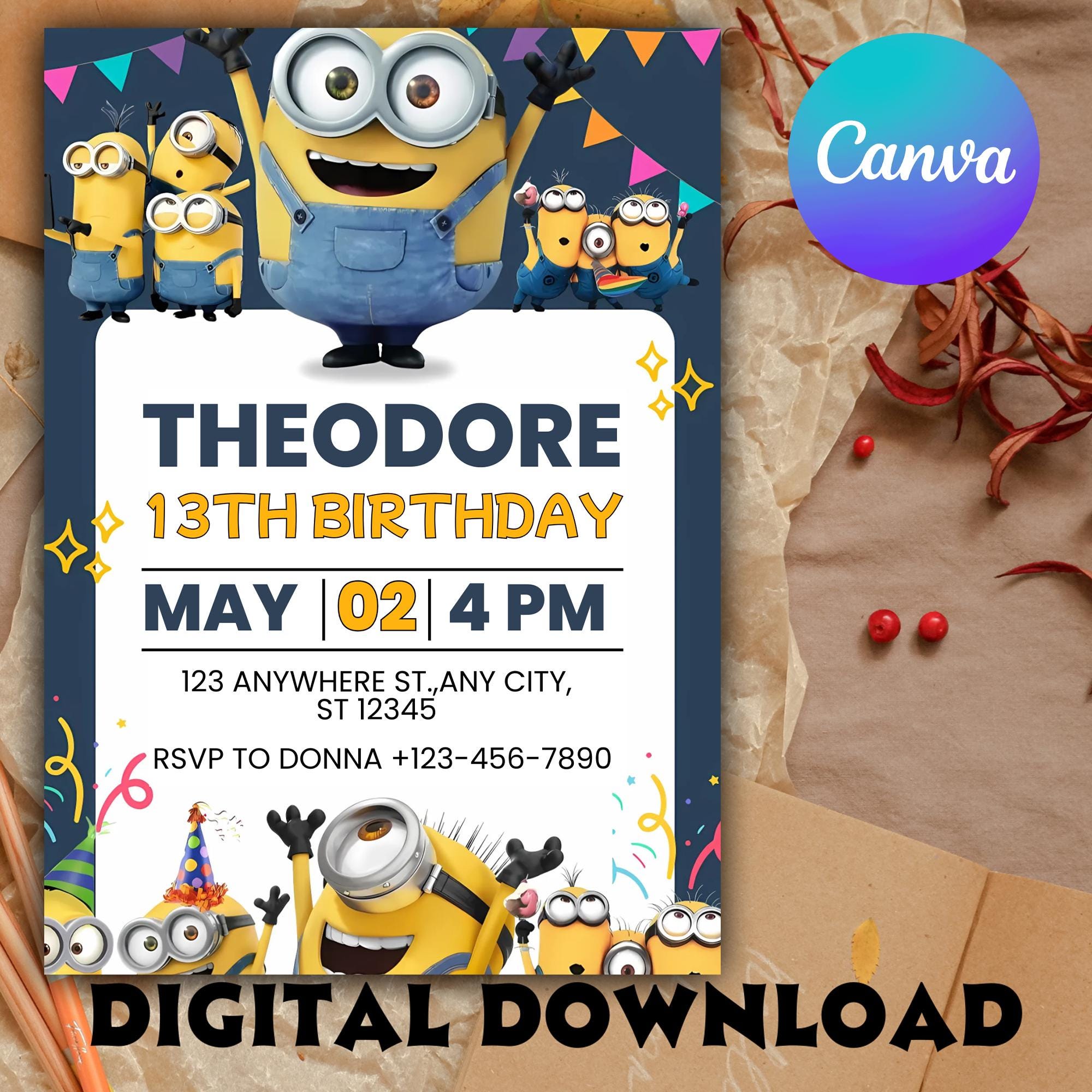 Editable Minion Birthday Invitation for Kids | Custom Canva Template Party  Invite Featuring Dave from Despicable Me for Boys, image size:2000x2000