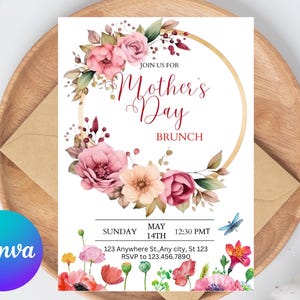 Muttertags-Brunch-Einladung bearbeitbare digitale Vorlage, personalisierte Pfingstrosenblumen-Brunch-Einladung, E-Invite 5x7 Zoll sofort druckbares DIY