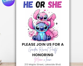 Stitch Gender Reveal Invitation: Pink & Blue Evite (Canva Template)