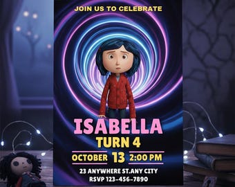 Coraline Birthday Invitation, Editable Coraline Invite Template, Kids Halloween Party Evite, Printable Canva Download, Digital Invite