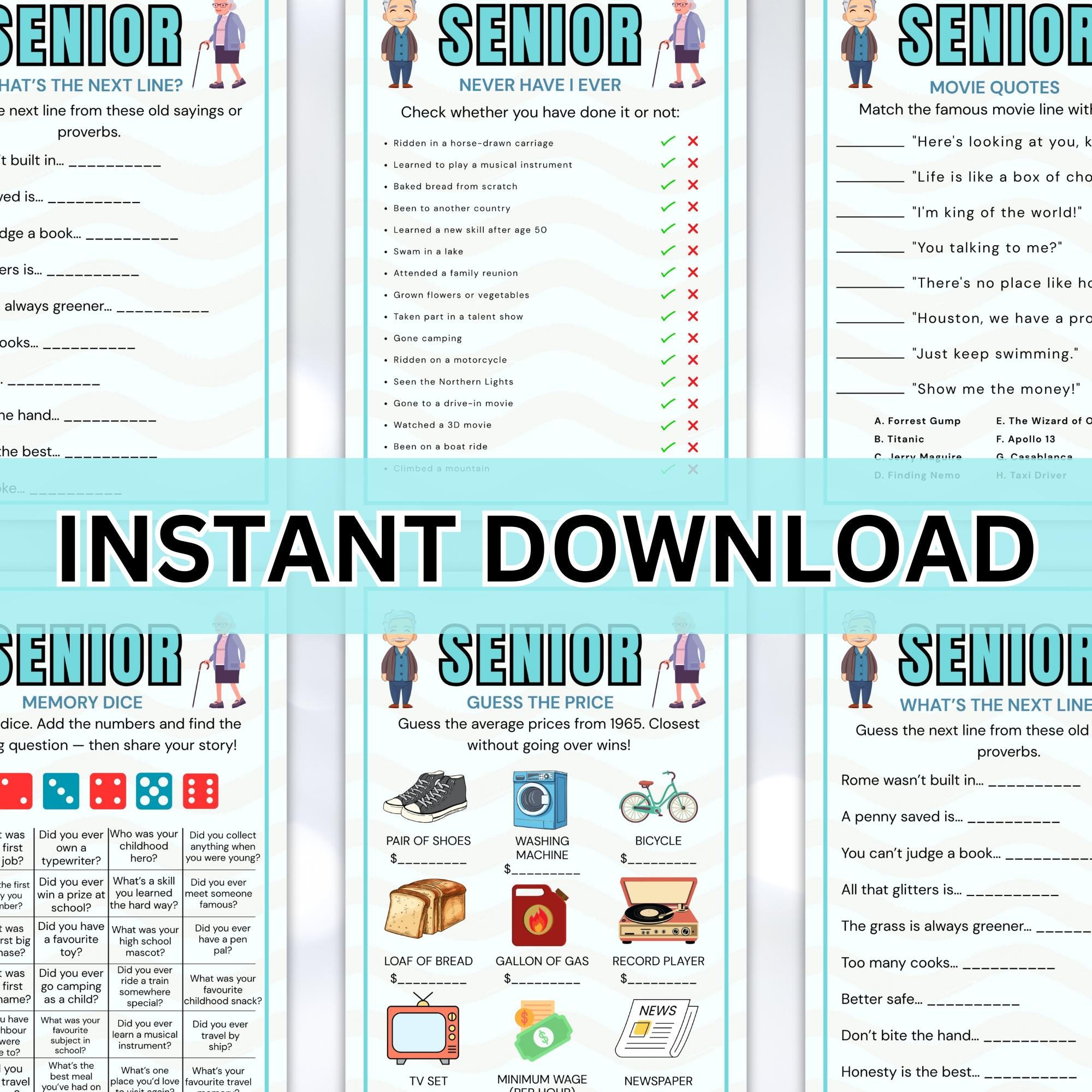Senior Riddle Printabl Senior Games Bundle Printable, Fun Brain Games for Seniors, Memory Dice ...