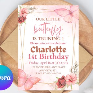 EDITABLE Butterfly Birthday Invitation Template, Pink Butterfly Kisses Invite, Girl First Birthday, Butterfly Party Download