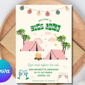 Retro Camp Bachelorette Party Invite and Weekend Itinerary, Camping Bachelorette, Canva Template, Outdoorsy Bridal Shower, Camp Bach