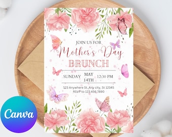 Modello digitale modificabile per invito al brunch della festa della mamma, invito personalizzato per il brunch con fiori di peonia, invito elettronico 5x7 pollici stampabile all'istante fai da te