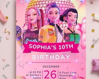 May include: A pink birthday party invitation with three animated girls. The invitation reads "Sophia's 10th Birthday" with the date December 26th. The invitation also includes the time, location, and RSVP information.
