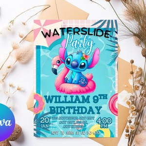 Convite editável para festa na piscina com tema Stitch Girl, convite para festa na piscina, convite para festa na piscina com tema Stitch Girl, festa de aniversário na piscina, digital