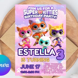 Druckbare bearbeitbare Super Kitty einladen, SuperKitty Geburtstag, SuperKitties Party einladen Vorlage, Kätzchen-Einladung niedlich einladen