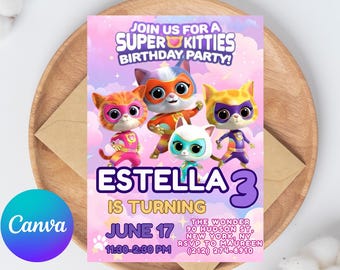 Printable Editable Super Kitty Invite, SuperKitty Birthday, SuperKitties Party invite template, Kitten Invitation Cute Invite