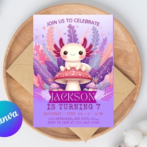 Axolotl Birthday Invitation, Pink Girl Axolotls Invite, Editable Axolotl Birthday Invitation Template, Printable Axolotls Party Invite
