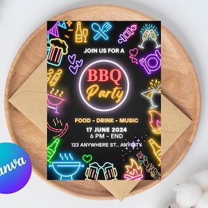 May include: Neon sign invitation for a BBQ party with the text "Join us for a BBQ Party" and details about the event: Food, Drink, Music, 17 June 2024, 6 PM - End, 123 Anywhere St., Anycity.