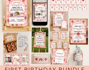 May include: A collection of pink and white strawberry-themed first birthday party decorations and printables. Includes signs, banners, cupcake toppers, and a water bottle label. The text includes "Abigail's berry first birthday".