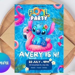 Invito di compleanno Stitch / Modello modificabile e stampabile / Invito carino per la festa Stitch / Modello Canva / Download immediato