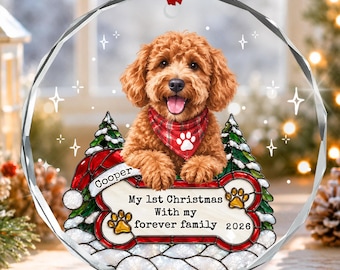 Personlig Goldendoodle första julgransprydnad, hund akvarell porträtt cirkel glas minnessak
