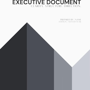 以下が含まれることがあります： 黒色の「EXECUTIVE DOCUMENT」というタイトルと「CLARITY. STRUCTURE. DIRECTION.」というサブタイトルが書かれたドキュメントカバー。デザインは、グレーと白の幾何学模様です。下部には準備の詳細を示すテキストがあります。