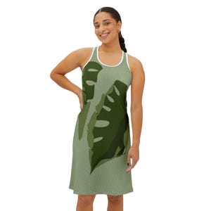 Botanical Print Women&#39;s Racerback Dress, Summer Dress, Casual Dress, Vacation Wear, Eco-friendly Dress, Green Leaf Pattern