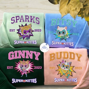 Youth Super Cat Kitties Embroidered Hoodie, Youth Cartoon 2025 Embroidered Sweater, Super Cat Embroidered Shirt, Youth Shirt ESS236-239.H