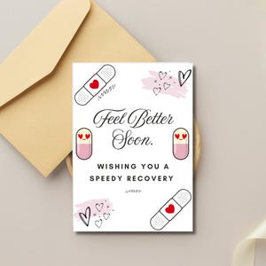 Jolie carte Happy Pills Get Well Soon, message d'accueil pour se sentir mieux bientôt, rétablissement à imprimer, remonter le moral, cadeau santé, carte imprimable vœux de récupération