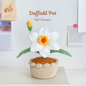 May include: A crocheted daffodil flower in a pot. The flower is white with a yellow center and green leaves. The pot is brown with a white crocheted rim. The image includes the text "Daffodil Pot PDF Pattern".