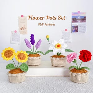 Elegant Flower Pot Crochet Patterns Set, Crochet Flower Pattern, Crochet Plant Pot Pattern Bundle, Crochet Gift for Mom, Digital PDF Pattern