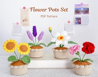 Elegant Flower Pot Crochet Patterns Set, Crochet Flower Pattern, Crochet Plant Pot Pattern Bundle, Crochet Gift for Mom, Digital PDF Pattern