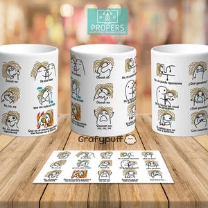 May include: White ceramic mugs with black line art illustrations and text. The mugs feature various cartoon figures with emotional expressions and phrases like "Ooooh no" and "No, no, no." A matching sticker sheet is also visible.