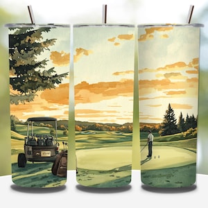 Seamless Textured Canvas Golfer & Landscape Design, Golf 20oz Skinny Straight Tumbler Sublimation Design, Tumbler Wrap, PNG Digital Download